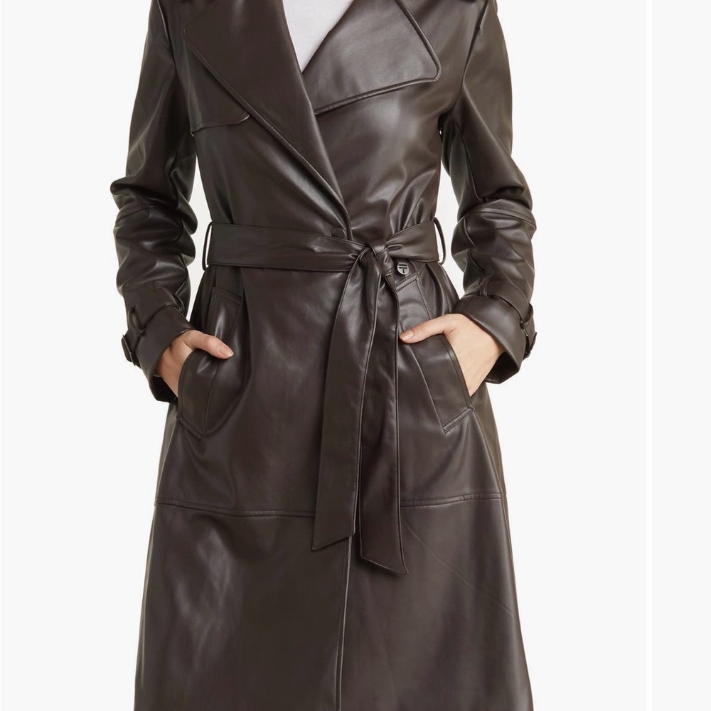 Tahari Brown Belted Leather Coat